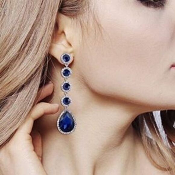 New Elegant Blue Silver Chandelier Earrings - Picture 1 of 5